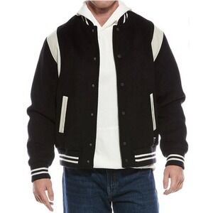 HUDSON Mens Wool Varsity Bomber Jacket S Black Ivory Faux‎ Leather Trim Athletic